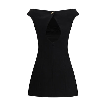 Dress by Marine Serre for women in wool & viscose black, jacquard & signature features an magnificent silhouette, artfully detailed with a magnificent boat neckline and that flows into an magnificent mini.