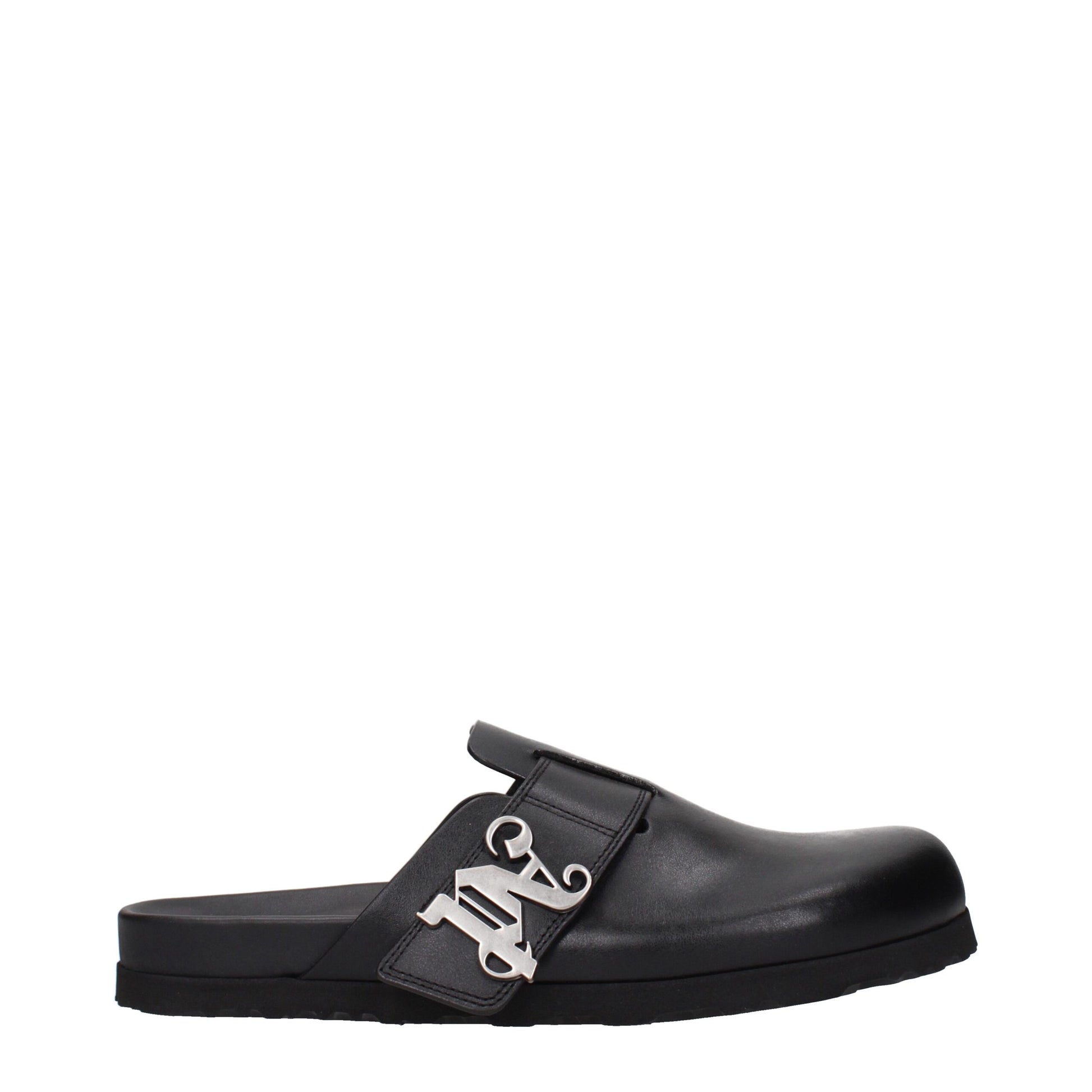 Clogs Slippers by Palm Angels for men in leather black presents a sumptuous silhouette, perfectly capturing the sumptuous essence of Men's Leather Clogs Slippers with its signature and .