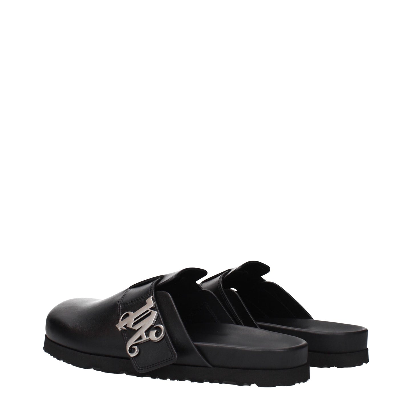 Clogs Slippers by Palm Angels for men in leather black features an effortlessly elegant silhouette, showcasing the Men's Leather Clogs Slippers design with an effortlessly elegant and a for a effortlessly elegant look.
