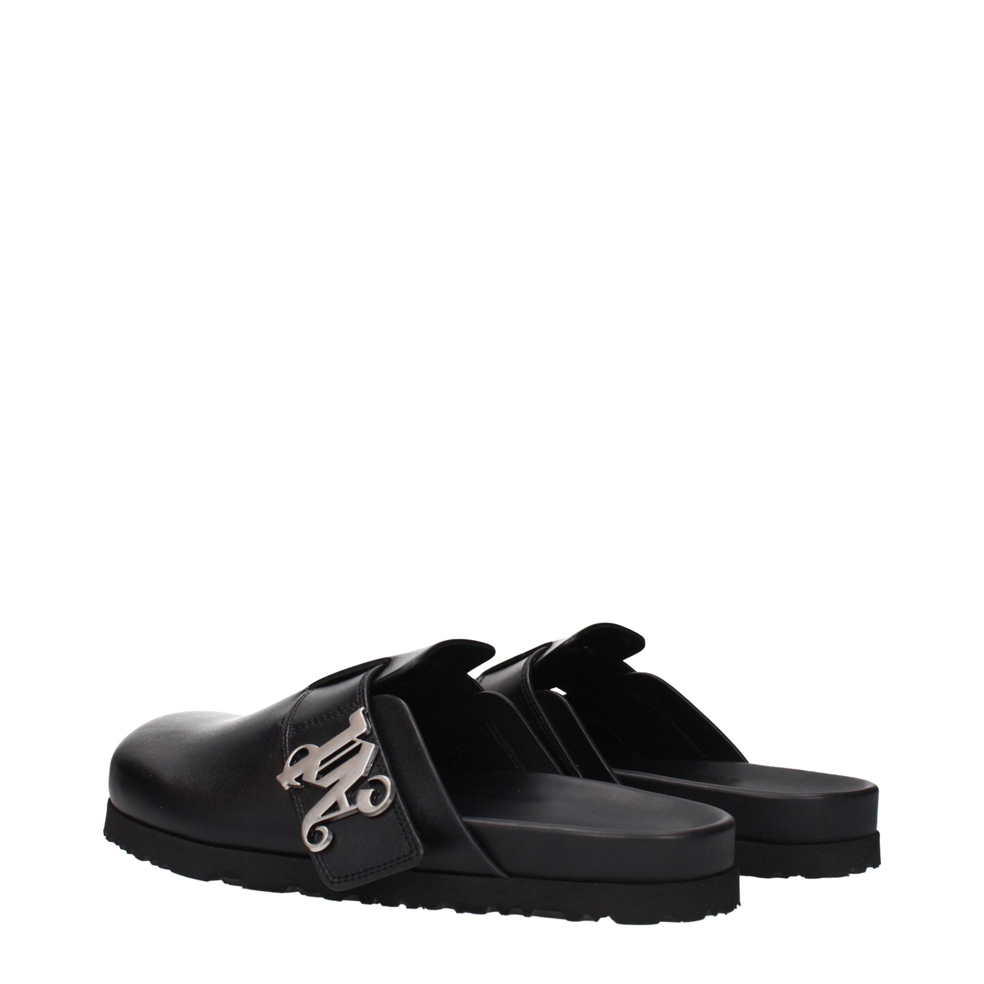 Clogs Slippers by Palm Angels for men in leather black features an effortlessly elegant silhouette, showcasing the Men's Leather Clogs Slippers design with an effortlessly elegant and a for a effortlessly elegant look.