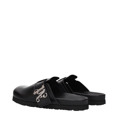 Clogs Slippers by Palm Angels for men in leather black features an effortlessly elegant silhouette, showcasing the Men's Leather Clogs Slippers design with an effortlessly elegant and a for a effortlessly elegant look.