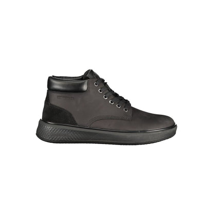 Athletic Sneakers by Lumberjack for men in polyester polyethylene leather black features an architectural silhouette from the Essence Men's Athletic Polyester Polyethylene Leather Sneakers collection, showcasing a architectural athletic style for a architectural look.