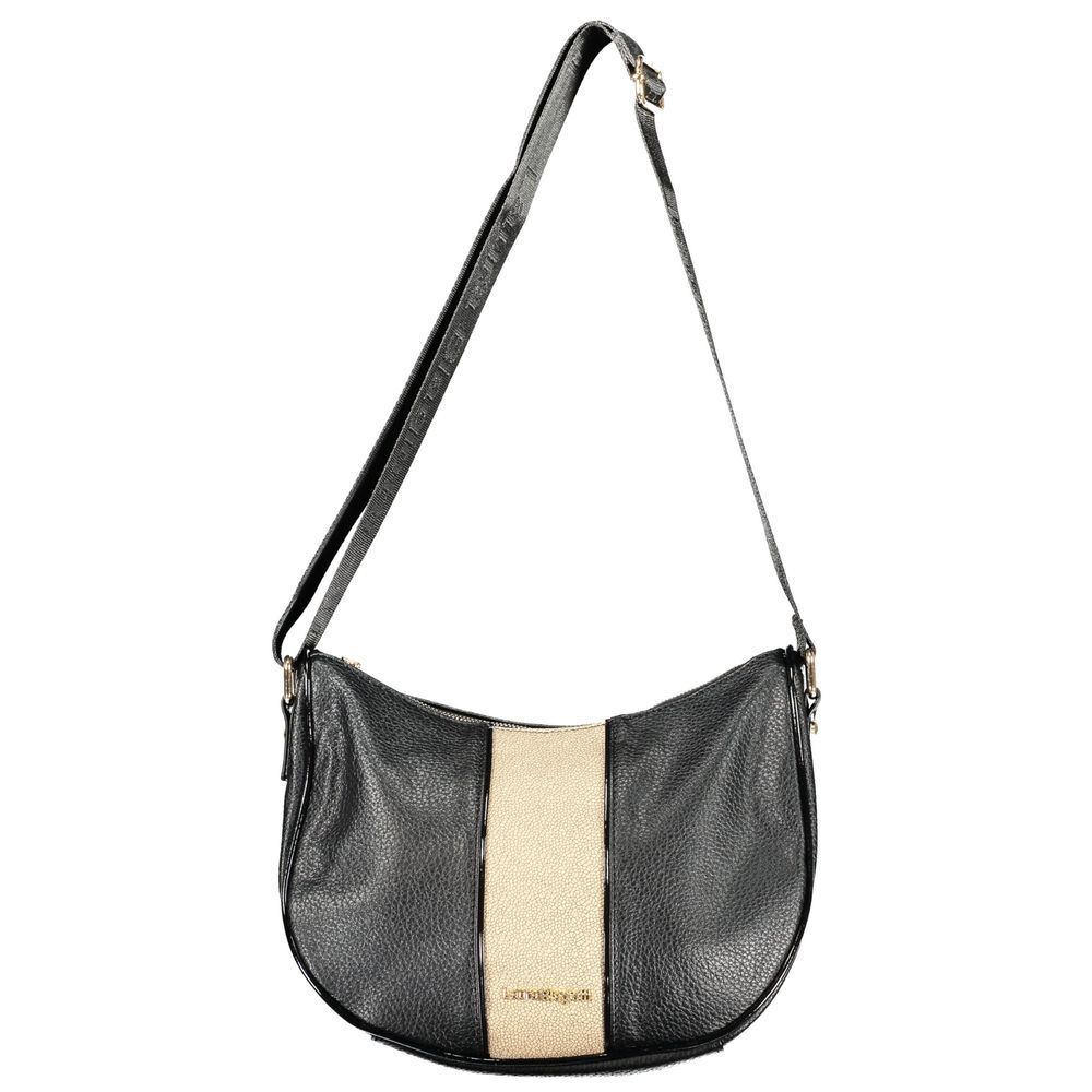 Handbag by Laura Biagiotti for women in pvc black, camel & gold features a ornamental silhouette, showcasing a secure zipper, ample document-holder & internal-pockets, and ornamental shoulder-strap & adjustable-strap for a sophisticated look.