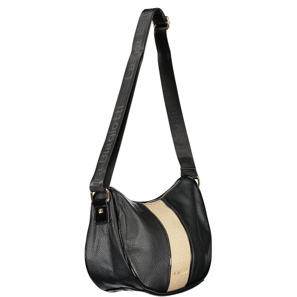 Handbag by Laura Biagiotti for women in pvc black, camel & gold features a ornamental silhouette, showcasing a secure zipper, ample document-holder & internal-pockets, and ornamental shoulder-strap & adjustable-strap for a sophisticated look.