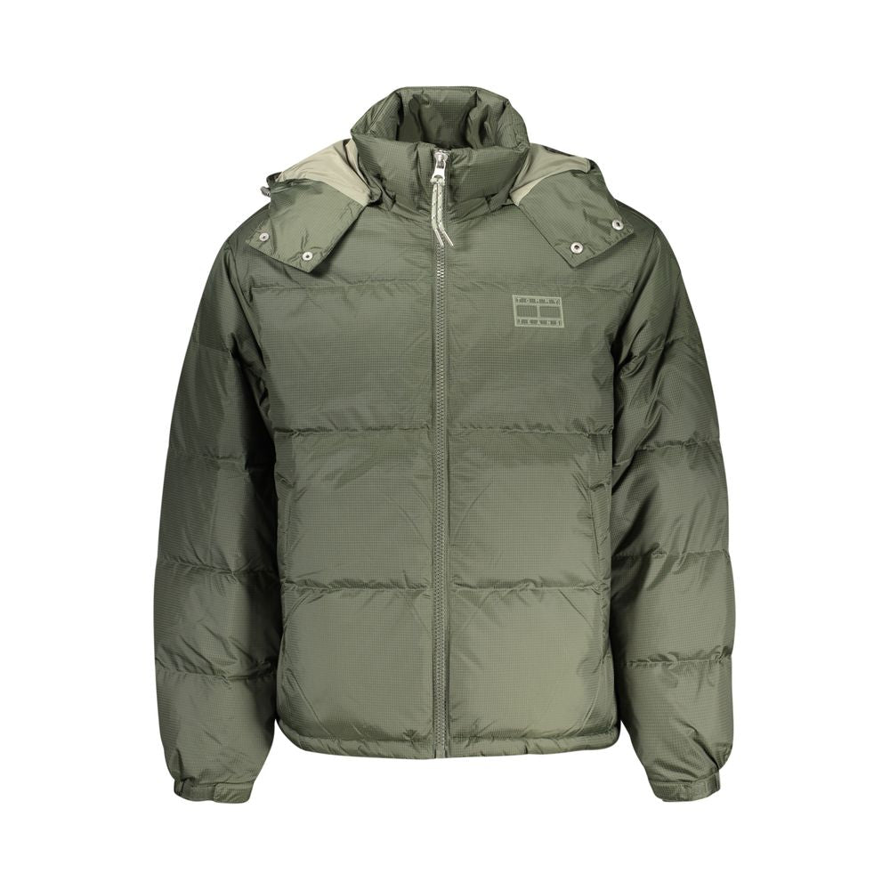 Hooded Windbreaker Jacket by Tommy Hilfiger for men in polyester green presents a resilient silhouette, artfully detailed with a sophisticated hooded neckline and functional pockets, hooded & windproof for a resilient finish.