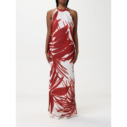 Dress by Hanita for women in silk red, patterned & print features a dramatic silhouette, showcasing an elegant halter neckline and sleeveless that flows into a dramatic maxi long.