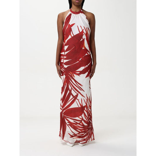 Dress by Hanita for women in silk red, patterned & print features a dramatic silhouette, showcasing an elegant halter neckline and sleeveless that flows into a dramatic maxi long.