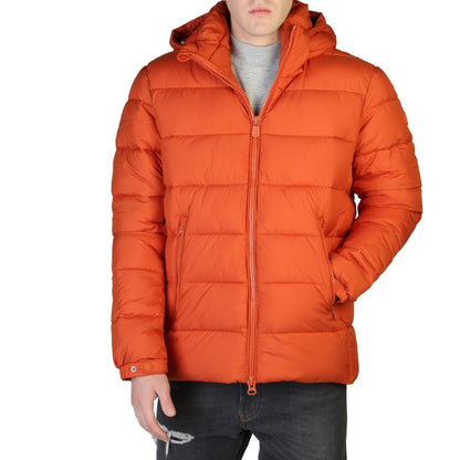Hooded Bomber Jacket by Save The Duck for men in nylon orange & patterned features a city-ready silhouette, detailed with pockets, hooded & insulated and a city-ready hooded neckline.