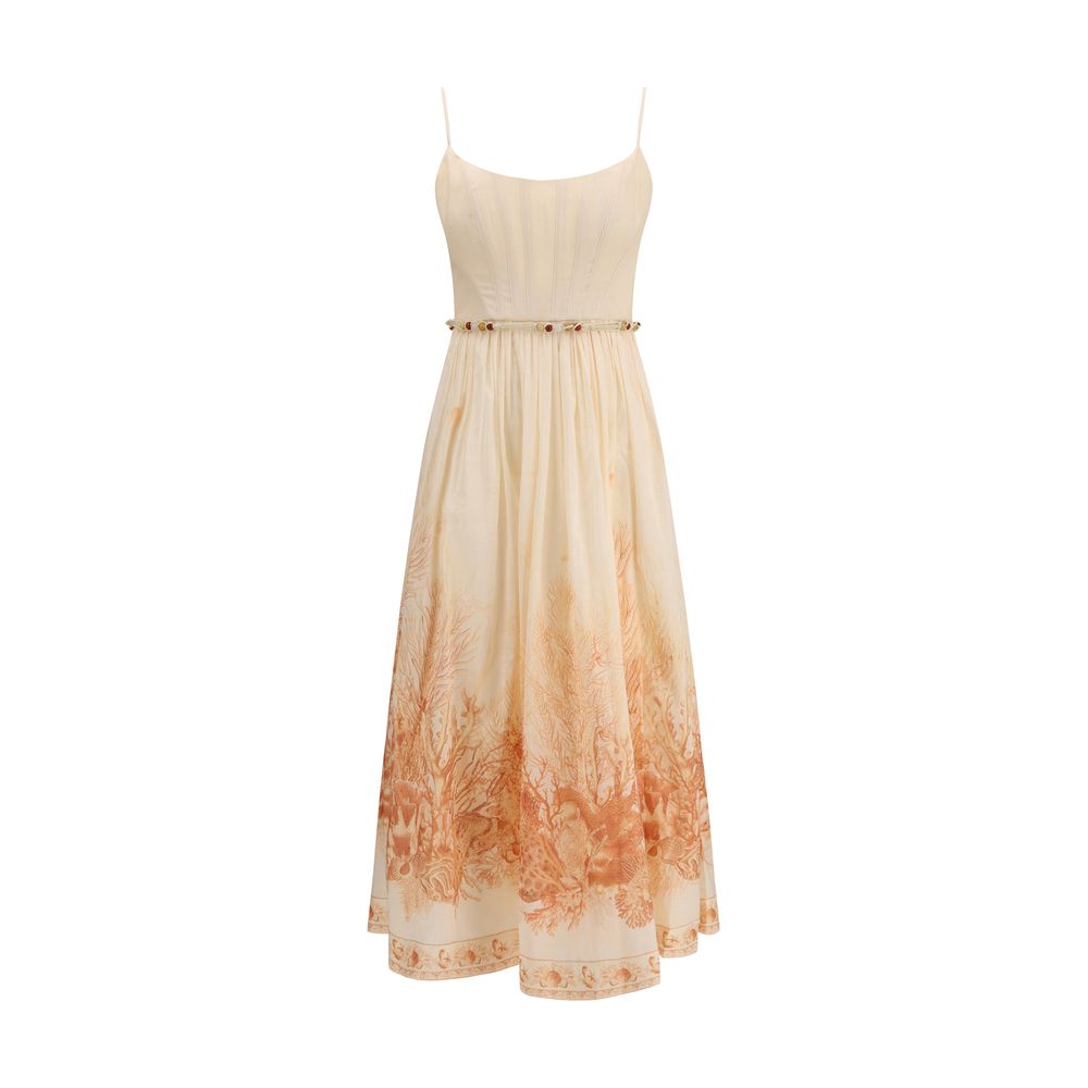 Dress by Zimmermann for women in cotton coral, multicolor, toile, signature & print showcases a striking silhouette, elegantly detailed with a , refined , and a striking midi long for a striking finish.