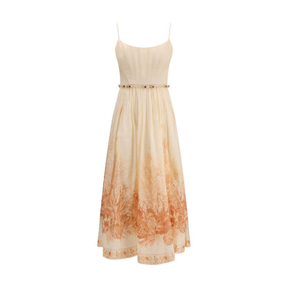 Dress by Zimmermann for women in cotton coral, multicolor, toile, signature & print showcases a striking silhouette, elegantly detailed with a , refined , and a striking midi long for a striking finish.