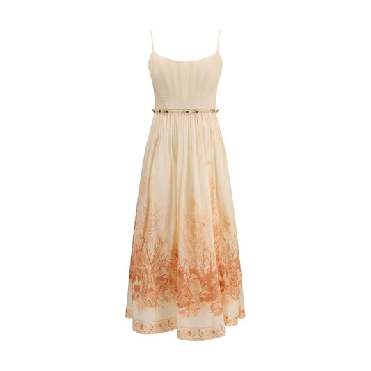 Dress by Zimmermann for women in cotton coral, multicolor, toile, signature & print showcases a striking silhouette, elegantly detailed with a , refined , and a striking midi long for a striking finish.