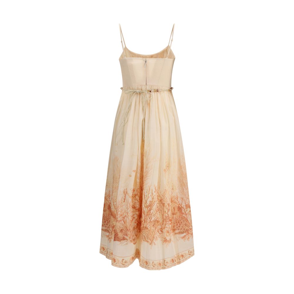 Dress by Zimmermann for women in cotton coral, multicolor, toile, signature & print features an eye catching silhouette with a sophisticated , elegant , and a refined midi long for a eye catching aesthetic.