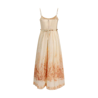 Dress by Zimmermann for women in cotton coral, multicolor, toile, signature & print features an eye catching silhouette with a sophisticated , elegant , and a refined midi long for a eye catching aesthetic.