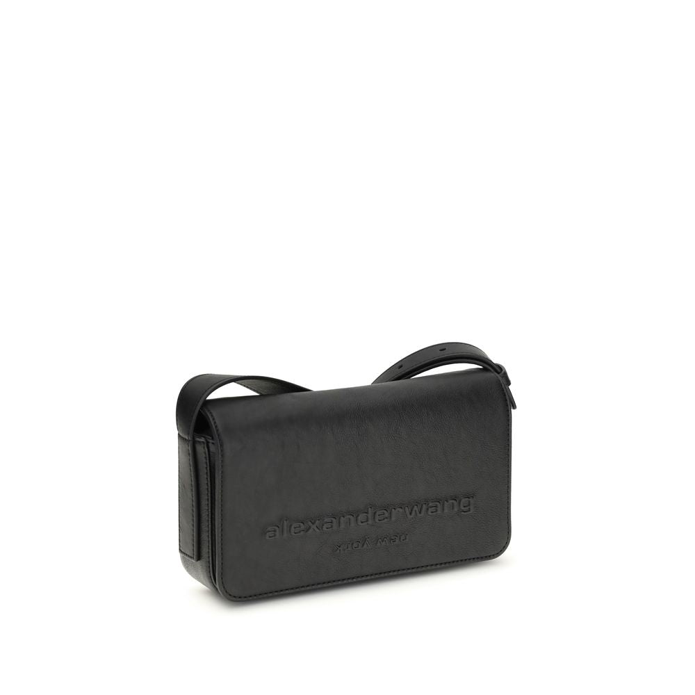 Shoulder Flap Bag by Alexander Wang for women in bos taurus calf leather black & signature presents a versatile silhouette, showcasing a secure flap & magnetic and versatile with versatile shoulder-strap for a sophisticated look.