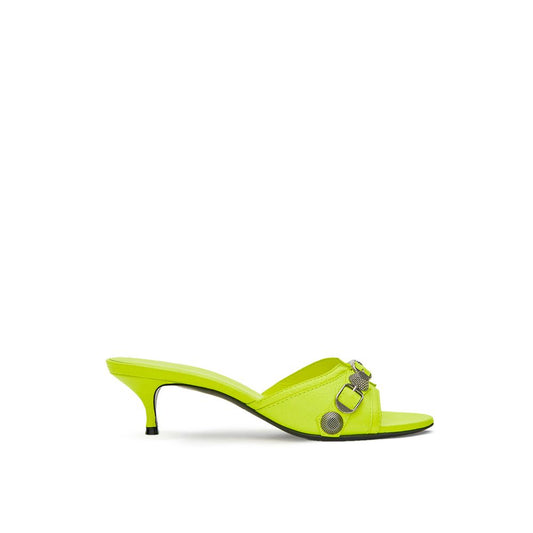 Mules Slippers Flat Shoes by Balenciaga for women in leather silver & yellow features an statuesque silhouette from the Women's Leather Mules Slippers Flat Shoes collection, showcasing a and a statuesque pointed toe style for a statuesque look.