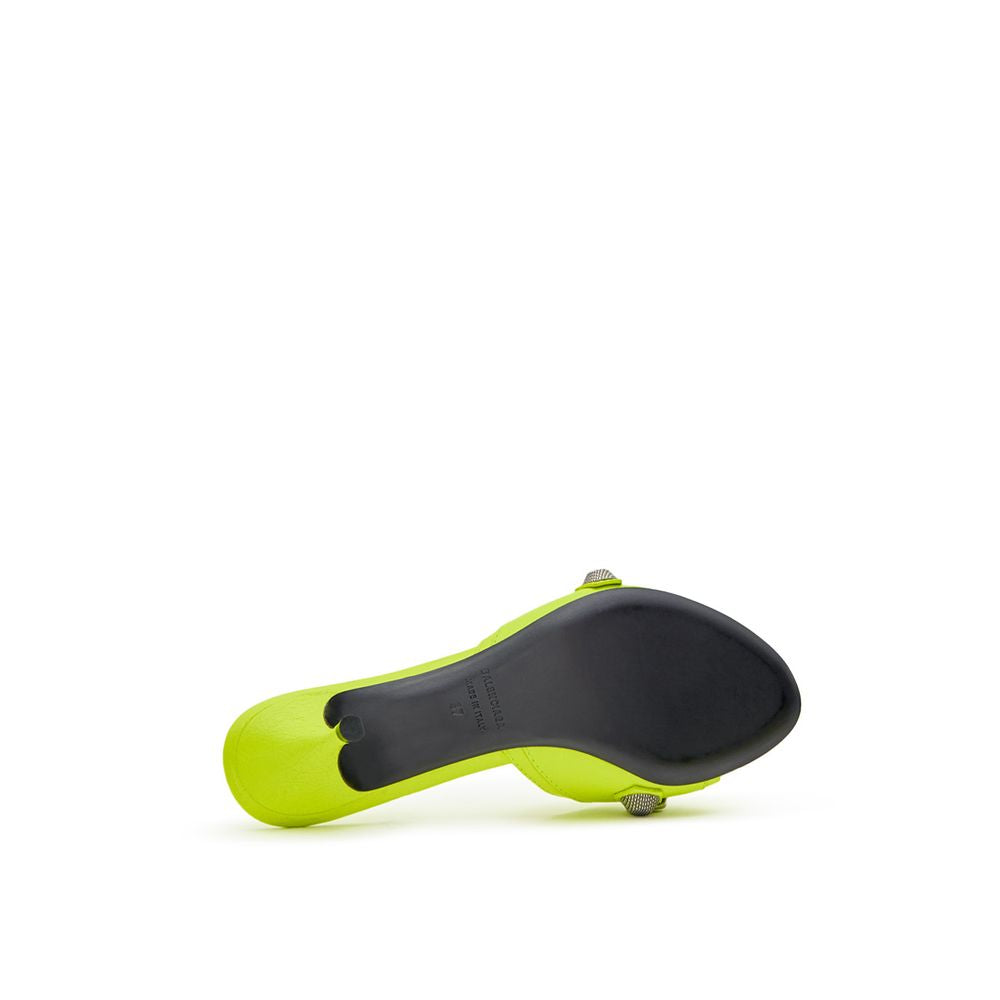 Mules Slippers Flat Shoes by Balenciaga for women in leather silver & yellow presents a effortless chic silhouette, showcasing the Women's Leather Mules Slippers Flat Shoes design with a effortless chic and pointed toe style for a sophisticated look.
