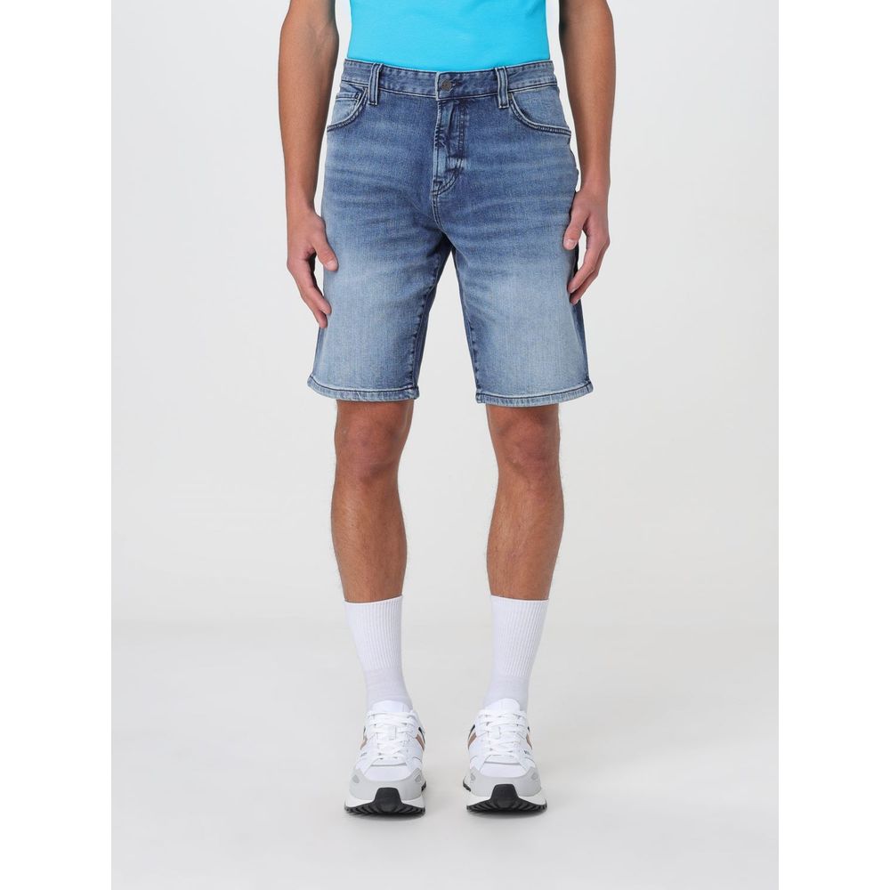 Denim Shorts by Hugo Boss for men in denim blue presents a utilitarian silhouette, showcasing a utilitarian with a short and .