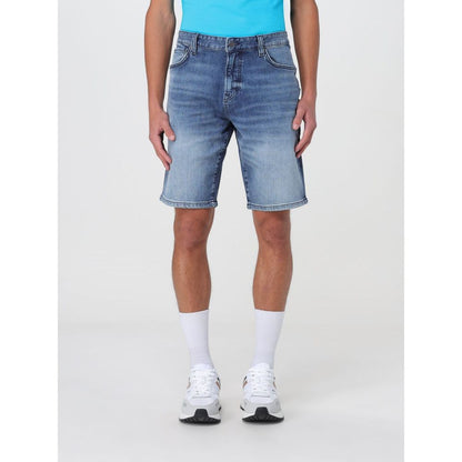 Denim Shorts by Hugo Boss for men in denim blue presents a utilitarian silhouette, showcasing a utilitarian with a short and .