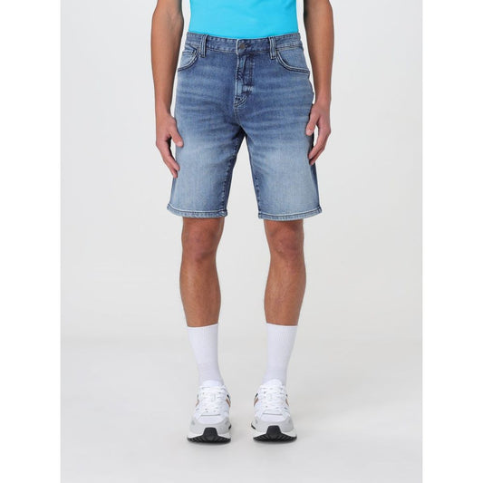 Denim Shorts by Hugo Boss for men in denim blue presents a utilitarian silhouette, showcasing a utilitarian with a short and .