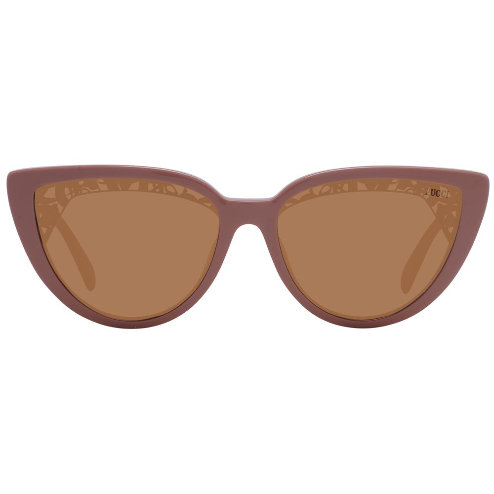 Sunglasses by Emilio Pucci for women in plastic pink features an ethereal full-rim cat-eye frame design with rose coloured frame frames and non-polarized category-2-medium-tint lens for a ethereal finish.