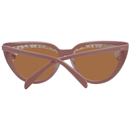 Sunglasses by Emilio Pucci for women in plastic pink showcases a ethereal silhouette, featuring rose coloured frame full-rim cat-eye frame design with non-polarized category-2-medium-tint lens for a ethereal finish.