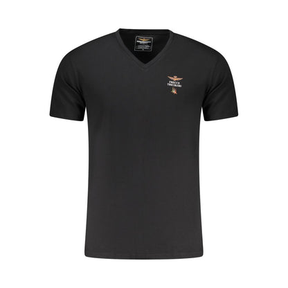 Activewear T-Shirt by Aeronautica Militare for men in stretch cotton black & print presents a kinetic silhouette, showcasing the kinetic short-sleeve and v-neck neckline alongside functional for a premium, athletic look.