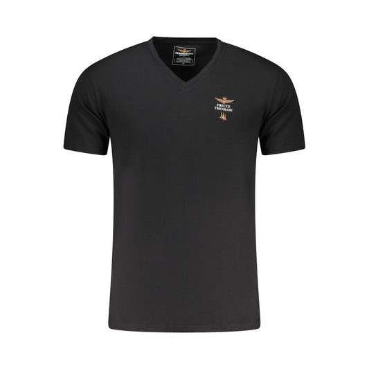 Activewear T-Shirt by Aeronautica Militare for men in stretch cotton black & print presents a kinetic silhouette, showcasing the kinetic short-sleeve and v-neck neckline alongside functional for a premium, athletic look.