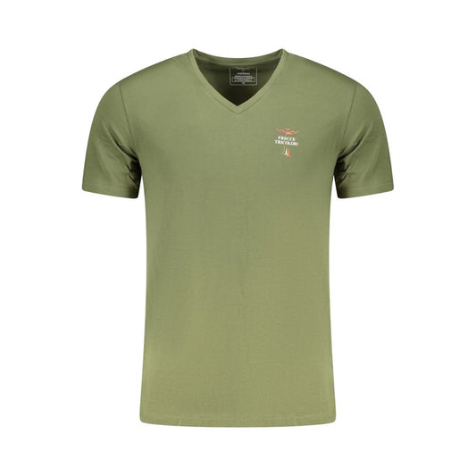 Activewear T-Shirt by Aeronautica Militare for men in stretch cotton green & print features an athletic silhouette with short-sleeve sleeves and a v-neck neckline neckline, enhanced by high-performance .