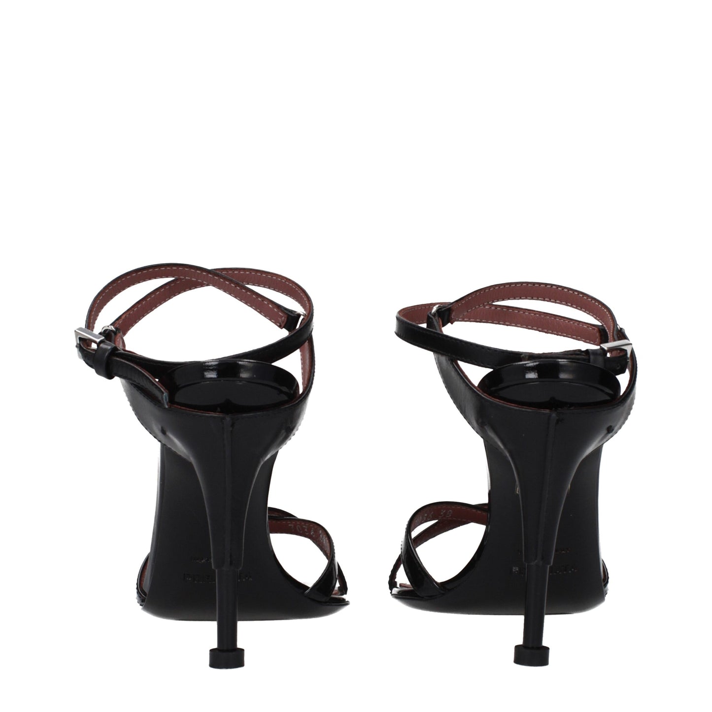 Stiletto Sandals by Premiata for women in patent leather black presents a sculptural silhouette, showcasing the Women's Patent Leather Stiletto Sandals design with a sculptural stiletto and for a premium look.