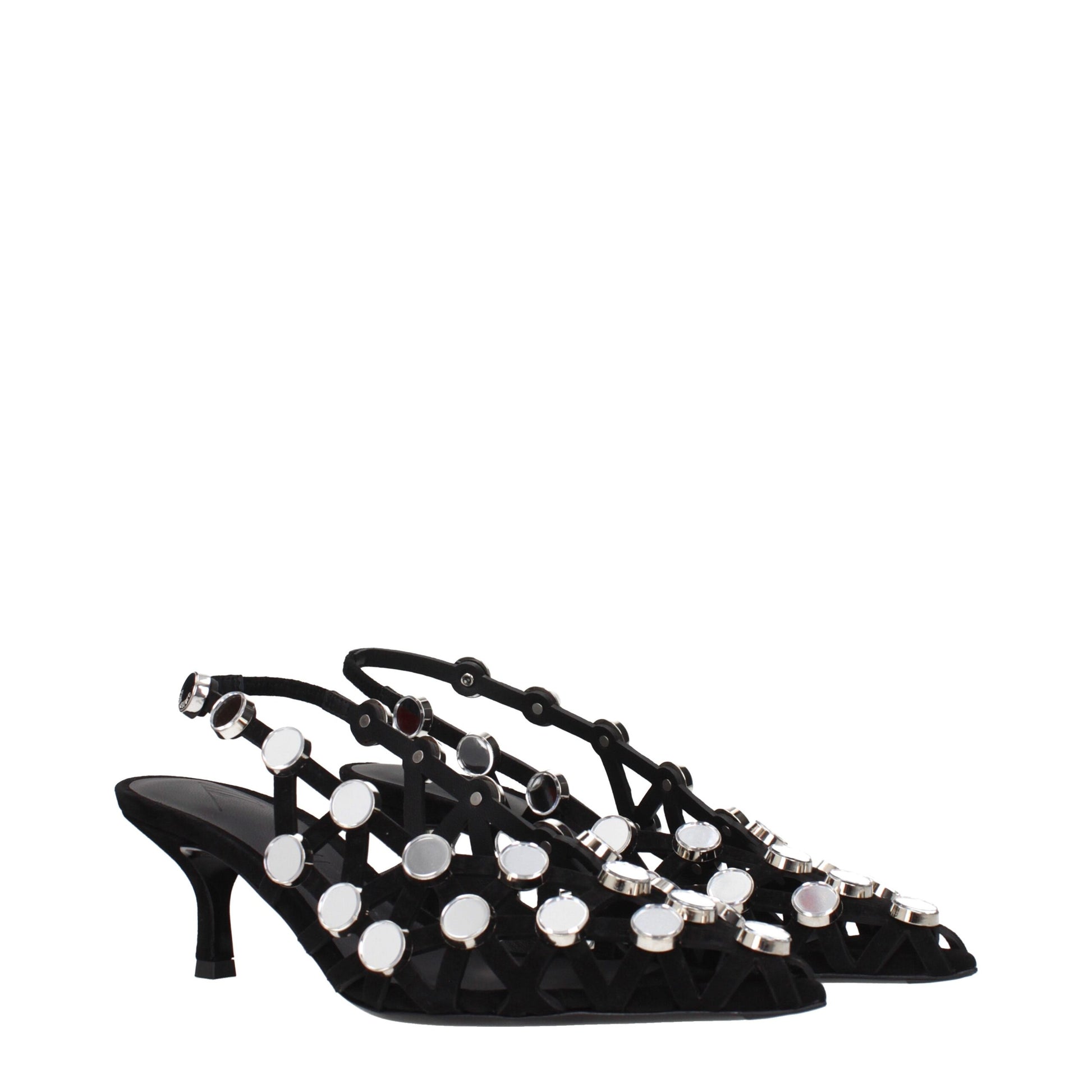 Stiletto Sandals by The Attico for women in suede leather black showcases a sculptural silhouette as Women's Suede Leather Stiletto Sandals, defined by a sculptural stiletto and sculptural for a sculptural look.