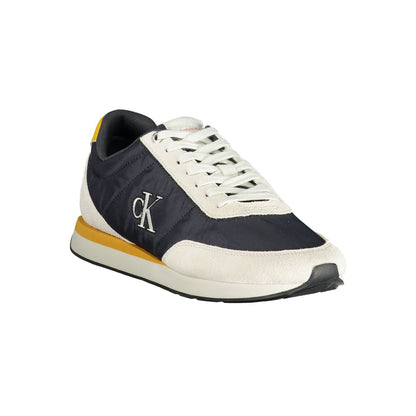 Athletic Sneakers by Calvin Klein for men in polyester polyurethane leather blue features an architectural silhouette, showcasing the premium athletic style of the Men's Athletic Polyester Polyurethane Leather Sneakers with an architectural finish.