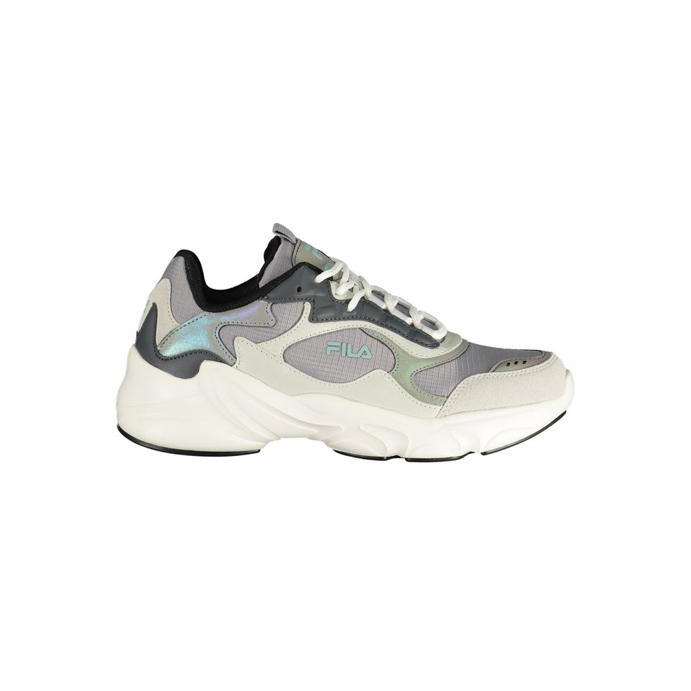 Athletic Sneakers by Fila for women in polyester & polyethylene gray & violet features an architectural silhouette, showcasing the premium athletic style of the Women's Athletic Polyester & Polyethylene Sneakers with an architectural finish.