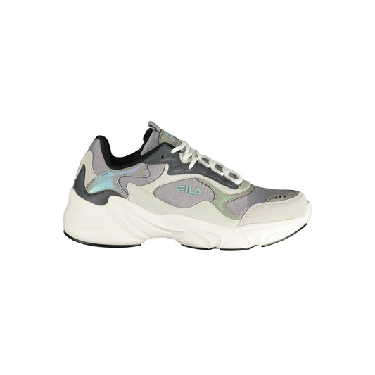 Athletic Sneakers by Fila for women in polyester & polyethylene gray & violet features an architectural silhouette, showcasing the premium athletic style of the Women's Athletic Polyester & Polyethylene Sneakers with an architectural finish.