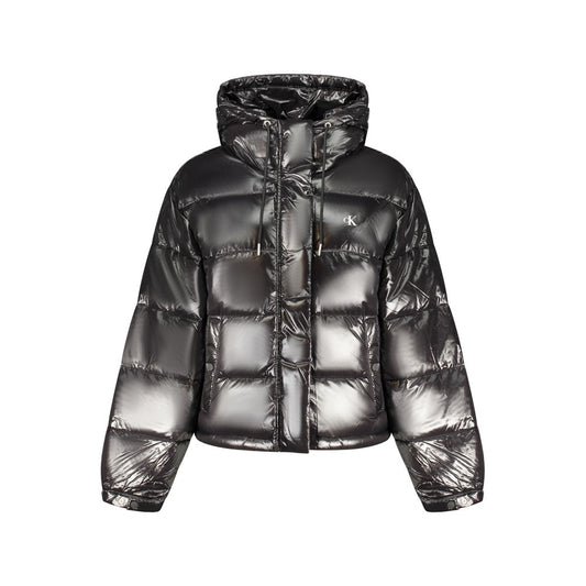 Hooded Windbreaker Jacket by Calvin Klein for women in polyester black & print features an stylish silhouette, showcasing a sophisticated hooded neckline and performance-driven pockets, hooded & windproof for a premium, stylish look.