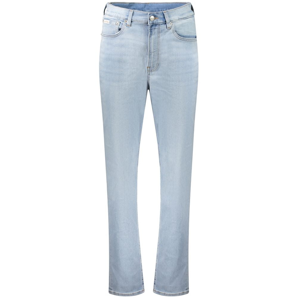 Jeans by Calvin Klein for women in stretch denim cotton blue features a polished silhouette with a polished tapered-leg, relaxed-fit & mom, reaching a polished long and finished with a polished high rise.