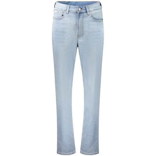 Jeans by Calvin Klein for women in stretch denim cotton blue features a polished silhouette with a polished tapered-leg, relaxed-fit & mom, reaching a polished long and finished with a polished high rise.