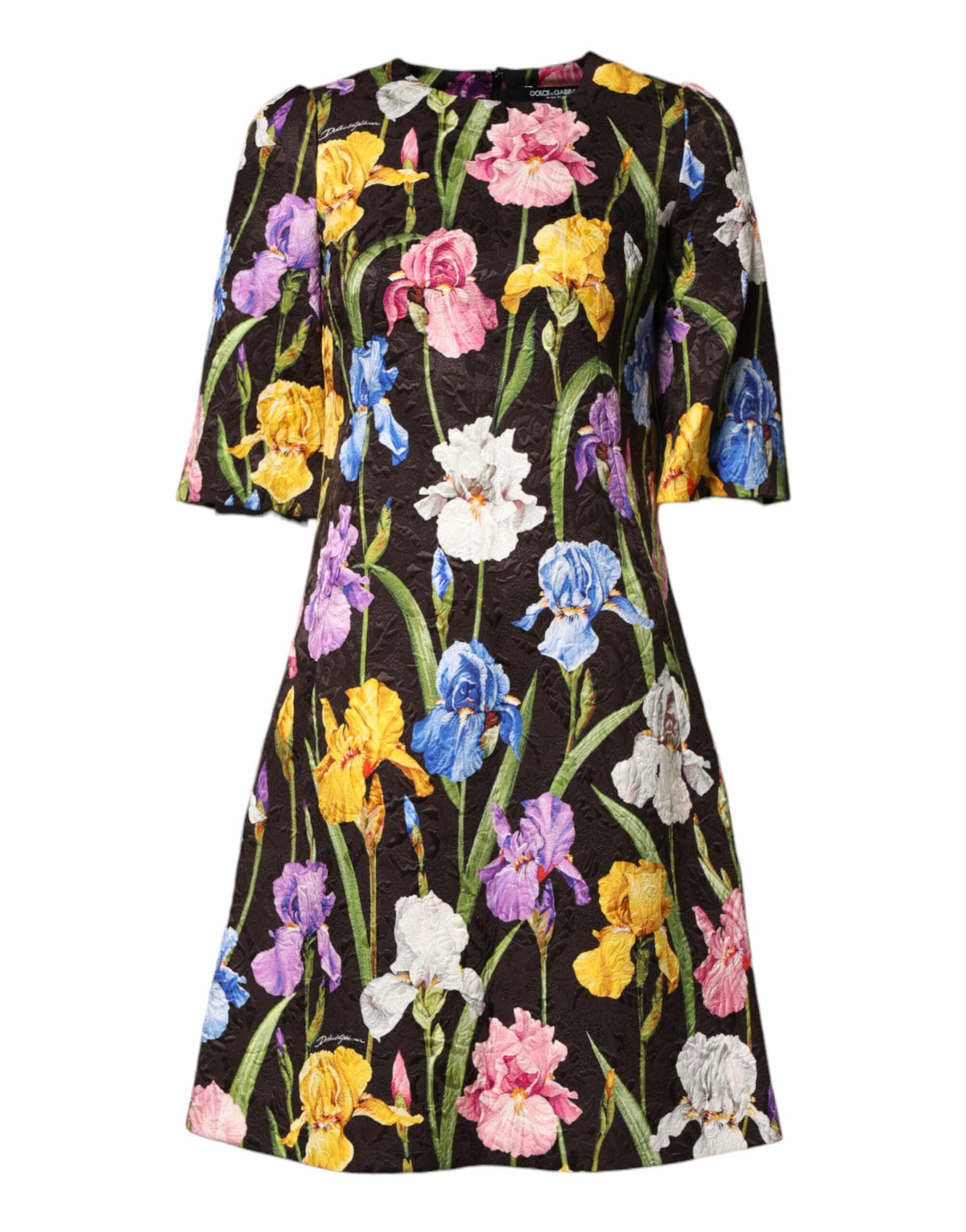 Dolce & Gabbana Women's A Line Cocktail Short-Sleeve Cotton Polyester Silk & Viscose Midi Mini Dress - Black Patterned Floral