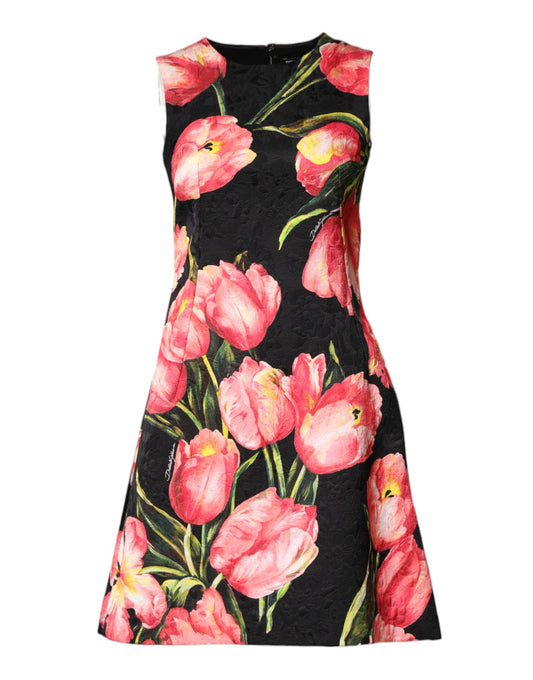Dolce & Gabbana Women's A Line Cocktail Sleeveless Viscose Polyester Cotton Midi Mini Dress - Black Patterned Floral Print