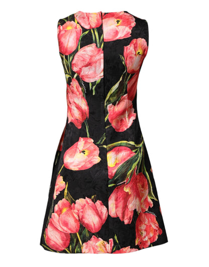 Dolce & Gabbana Women's A Line Cocktail Sleeveless Viscose Polyester Cotton Midi Mini Dress - Black Patterned Floral Print
