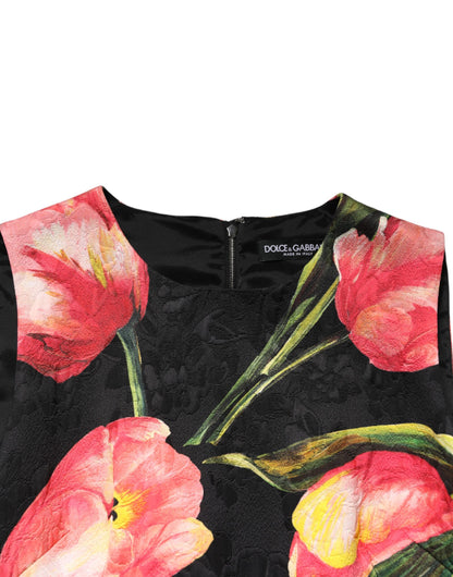 Dolce & Gabbana Women's A Line Cocktail Sleeveless Viscose Polyester Cotton Midi Mini Dress - Black Patterned Floral Print
