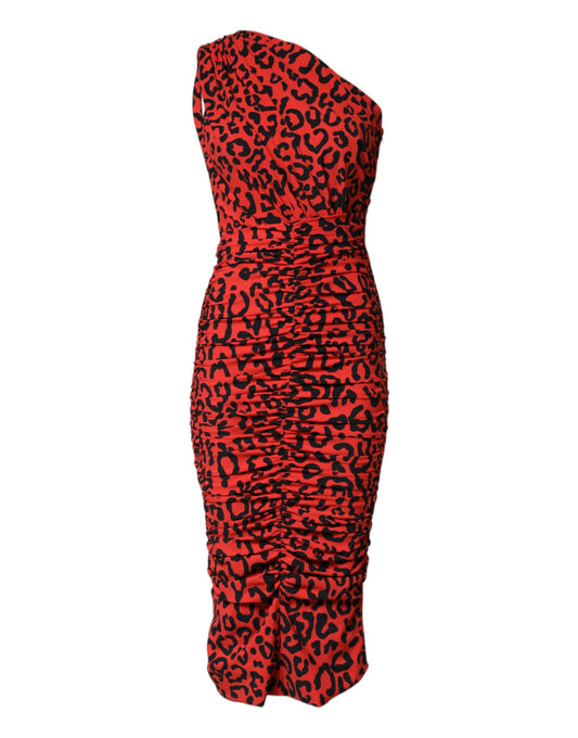 Dolce & Gabbana Women's Sheath Cocktail Sleeveless Stretch Nylon Midi Dress - Red Leopard Print Patterned Signature Print