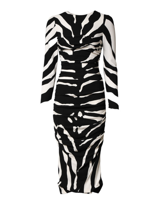 Dolce & Gabbana Women's Sheath Cocktail Long-Sleeve Viscose Silk Midi Dress - Black White Zebra Patterned Print