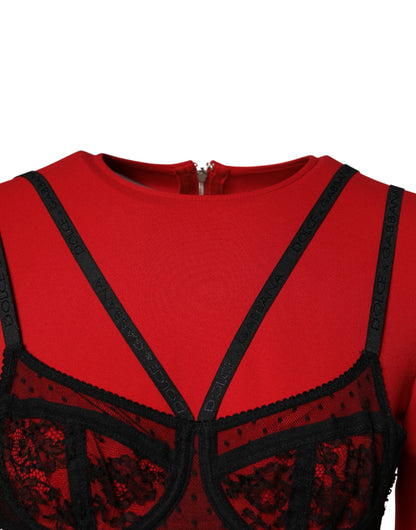 Dolce & Gabbana Women's Cocktail Long-Sleeve Polyamide Viscose & Silk Midi Dress - Black Red Signature