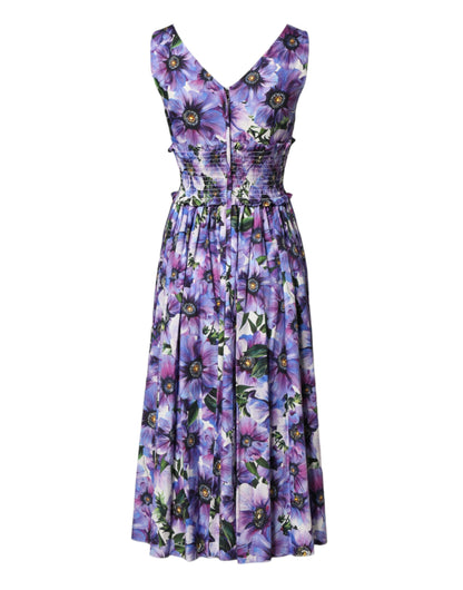 Dolce & Gabbana Women's Cocktail Sleeveless Cotton Midi Dress - Purple Patterned Print