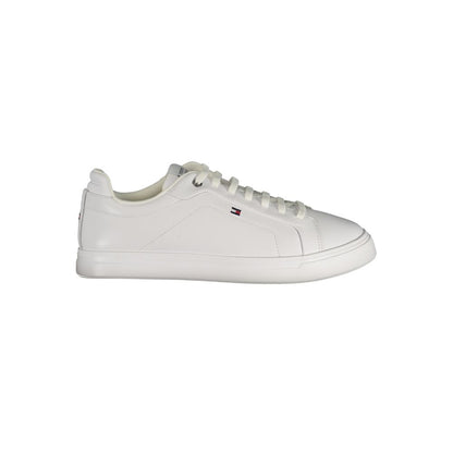 Athletic Sneakers by Tommy Hilfiger for men in polyester polyurethane leather white features an stately silhouette, showcasing the signature athletic style of the Men's Athletic Polyester Polyurethane Leather Sneakers collection with a truly stately finish.