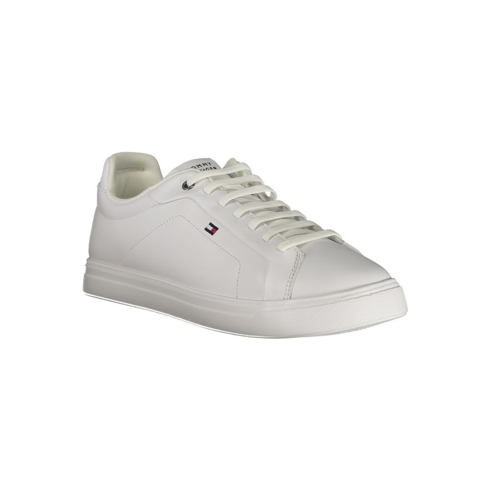 Athletic Sneakers by Tommy Hilfiger for men in polyester polyurethane leather white features an architectural silhouette from the Men's Athletic Polyester Polyurethane Leather Sneakers collection, showcasing a architectural athletic style for a architectural look.