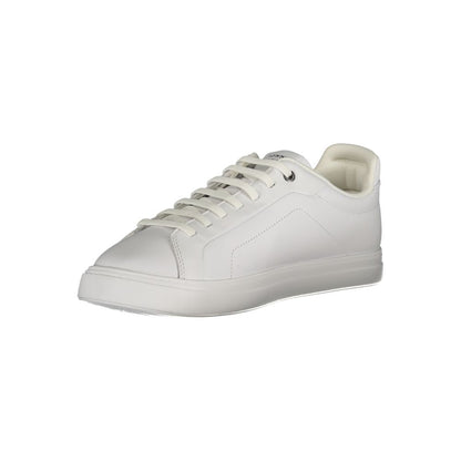 Athletic Sneakers by Tommy Hilfiger for men in polyester polyurethane leather white showcases a architectural silhouette, artfully capturing the essence of the Men's Athletic Polyester Polyurethane Leather Sneakers with its signature architectural athletic style construction.