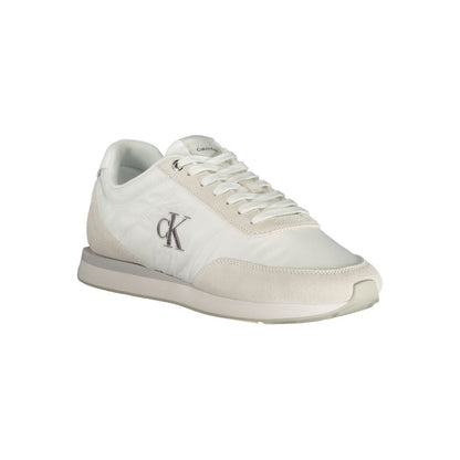 Sneakers by Calvin Klein for men in polyester polyurethane leather gray & white features an opulent silhouette from the Men's Low-Top Polyester Polyurethane Leather Sneakers collection, showcasing a signature low-top style with an opulent finish.