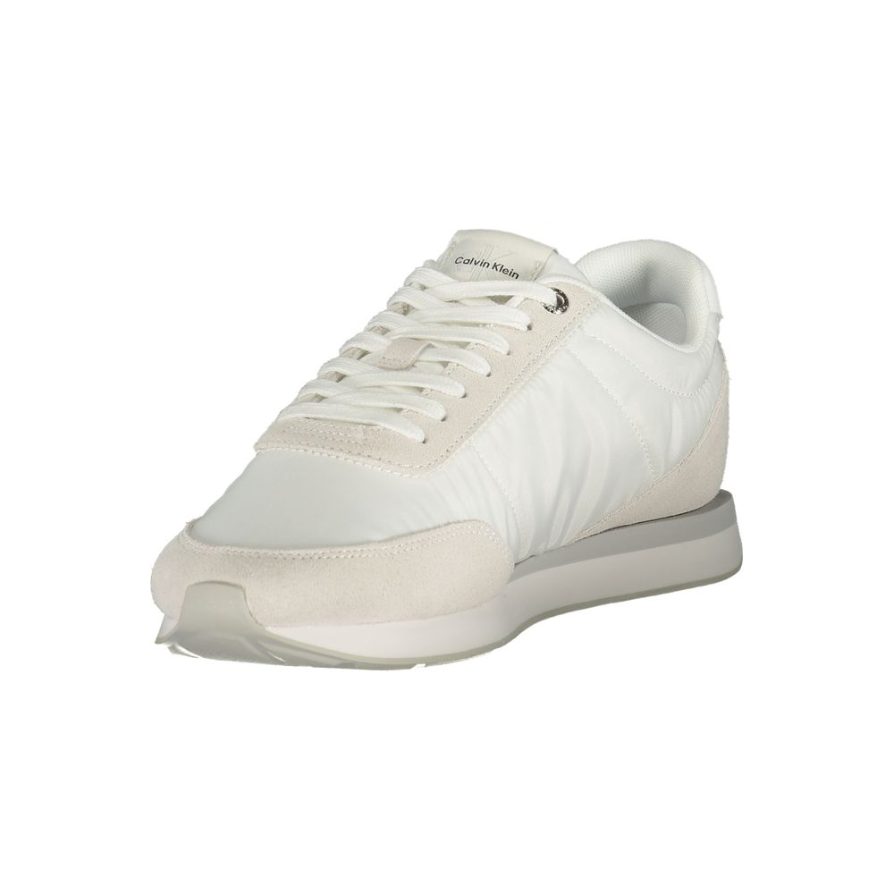 Sneakers by Calvin Klein for men in polyester polyurethane leather gray & white presents a sumptuous silhouette, artfully capturing the essence of the Men's Low-Top Polyester Polyurethane Leather Sneakers with its sumptuous low-top style design.