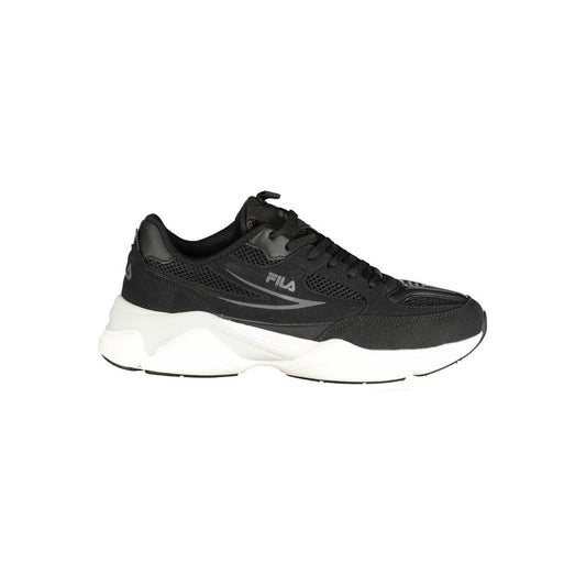 Athletic Sneakers by Fila for men in polyester & polyurethane black features an stately silhouette, showcasing the signature athletic style of the Men's Athletic Polyester & Polyurethane Sneakers collection with a truly stately finish.